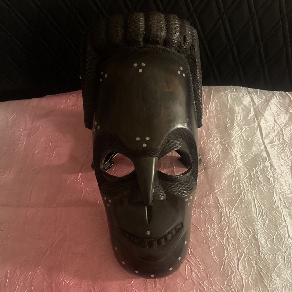 African Tribal Wood Large 11"Face Mask Hand Carved Vintage Wall Decor Heavy Art